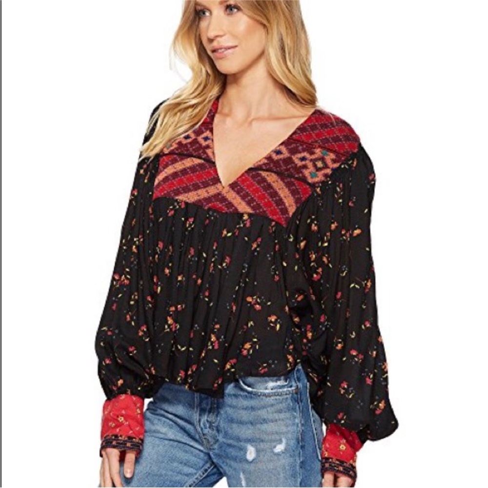 Free People Black and Red Floral Blouse